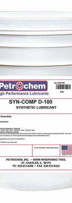 PETROCHEM Compressor Oil: 5 gal, Pail, 30 SAE Grade, 100 ISO Viscosity Grade, 94 Viscosity Index (MPN SYN-COMP D-100-005). Key specifications — attr59744: 94; attr59746: 100; attr59736: No; attr59735: Pail; attr59738: Syncomp D-100; attr59749: 30.