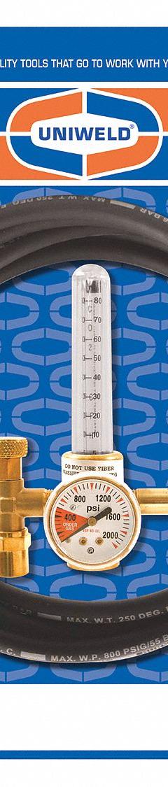 UNIWELD Gas Calibration Flowmeter Regulator: CGA 320 Inlet, 5/8"-18 M RH Outlet (MPN KFR13). Key specifications — Compatible Gas Type: Carbon Dioxide; Manufacturer Part Number: KFR13; Brand: UNIWELD; Inlet Connection: CGA 320; Outlet Connection: 5/8"-18 M RH.