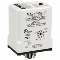 MACROMATIC Liquid Level Relay: Socket Mounted, Dual Probe, 10 A Current Rating, 240V AC, Pump Up (MPN LCP1E100-G). Key specifications — Contact Rating (AC): 10 A @ 240V AC; Contact Rating (DC): 7 A @ 28V DC; Electrical Connection: 8-Pin Terminal; Mounting Style: Socket; Number of Probes: Dual Probe; Relay Function: Pump Up; Brand: MACROMATIC.