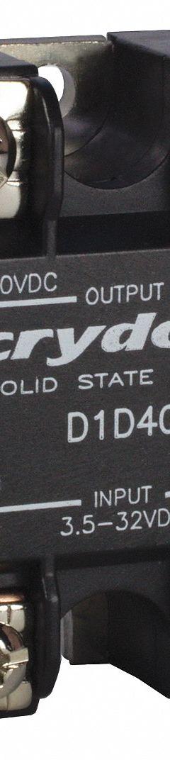 CRYDOM Solid State Relay: Surface Mounted, 12 A Max Output Current, MOSFET, DC Output (MPN D1D12). Key specifications — Brand: CRYDOM; Current Type: DC; Electrical Connection: Screw Clamp; Finger Safe: No; Input Current: 15 mA; Maximum Output Current without Heat Sink: 9 A; Mounting Style: Panel; Output Voltage: 1 to 72V DC.