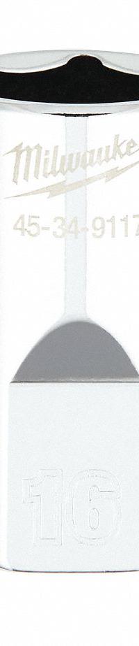 MILWAUKEE Standard Socket: Metric, 1/2 in Drive Size, 16 mm Socket Size, 6-Point, Std, Chrome (MPN 45-34-9117). Key specifications — attr1204417: MILWAUKEE; attr1204392: Chrome.