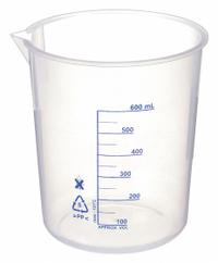 APPROVED VENDOR Beaker: Low Form, Polypropylene, 600 mL, 117.2 mm Outside Dia, 127.6 mm Overall Ht (MPN 6FAE6). Key specifications — Body Color: White; Brand: APPROVED VENDOR; Product Type: Beaker; Includes Graduations: Yes; Beaker Type: Low Form.