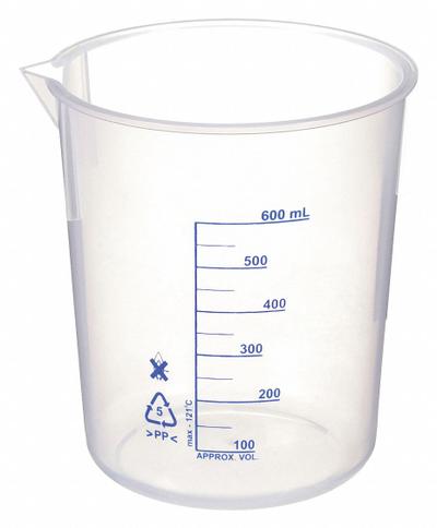APPROVED VENDOR Beaker: Low Form, Polypropylene, 600 mL, 117.2 mm Outside Dia - Low Form Plastic Beakers Without Handles