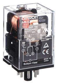 OMRON General Purpose Relay: Socket Mounted, 10 A Current Rating, 120V AC, DPDT, 8 Pins/Terminals (MPN MKS2PAC120). Key specifications — Brand: OMRON; Base Type: Octal; Mounting Style: Plug-In; Pin Shape: Round; Electrical Connection: Plug-In; Manufacturer Part Number: MKS2PAC120; Operating Current: 10 A at 250V AC (Resistive Load); Series: MK-S Series.