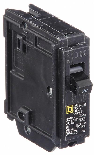 SQUARE D Miniature Circuit Breaker: 20 A, 120V AC, Single Phase, 10kA at 120V AC - HOM Series, Plug-In Square D Miniature Circuit Breakers