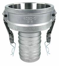 Cam and Groove Coupling: 4 in Coupling Size, 100 psi Max. Working Pressure @ 70 F, Male Hose Shank (MPN PLE144). Key specifications — Gasket Material: Nitrile; Fitting Type: Male Hose Shank; Includes Locking Arm: Yes; Body Material: 316 Stainless Steel; Brand: APPROVED VENDOR.