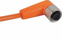 Cordset: M12 Female Right Angle X Bare Wire, 5 Pins, Orange, PVC, 10 m Cable Lg, 4 A Max Current (A) (MPN EVT005). Key specifications — Cable Jacket Color: Orange; End 1 Gender: Female; End 1 Mounting Orientation: Right Angle; End 2 Connection Type: Bare Wire; IP Rating: IP67; Brand: IFM; Wire Size: 22 AWG; Cable Jacket Material: PVC.