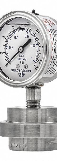 PIC GAUGES Pressure Gauge with Diaphragm Seal: 0 psi to 15 psi, 301L/3JJJ, 2 1/2 in Dial, Glycerin (MPN 301L254B/3JJJ100). Key specifications — Brand: PIC GAUGES; Gauge Case Liquid: None; Seal Fill Liquid: Glycerin; Seal Lower Housing Material: 316 Stainless Steel; Accuracy: ±2-1-2%; Gauge Wetted Parts: Stainless Steel.