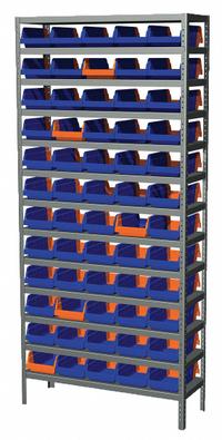 AKRO-MILS Bin Shelving: 36 in x 12 in x 79 in, 1 Sided, 60 Bins, Open, Indicator Bin, Blue/Orange (MPN AS127936462B). Key specifications — Includes Bins: Yes; Bin Material: Polymer; Frame Color: Gray; Bin HxWxD: (60) 4 in x 6-3/4 in x 11-5/8 in; Frame Material: Steel; Bin Color: Blue; Orange; Brand: AKRO-MILS.