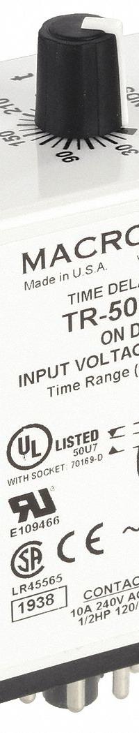 MACROMATIC Single Function Time Delay Relay: Socket Mounted, 120V AC/DC, 10 A, 8 Pins/Terminals (MPN TR-50222-12). Key specifications — Brand: MACROMATIC.