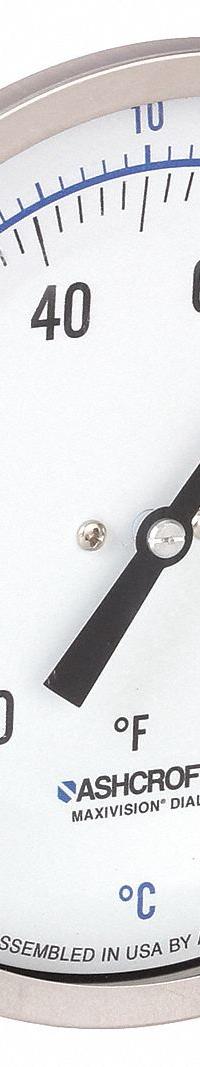 ASHCROFT Dial Thermometer: -20°F to 120°F /-30°C to 50°C, ±1% Accuracy, 9 in Stem Lg, 5 in Dial Dia (MPN 50EI60E). Key specifications — Accuracy: ±1 %; Brand: ASHCROFT.