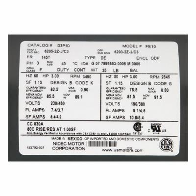 U.S. MOTORS General Purpose Motor: Rigid Base Mount, Open Drip Proof, 3 hp - Rigid Base 3-Phase General Purpose AC Motors