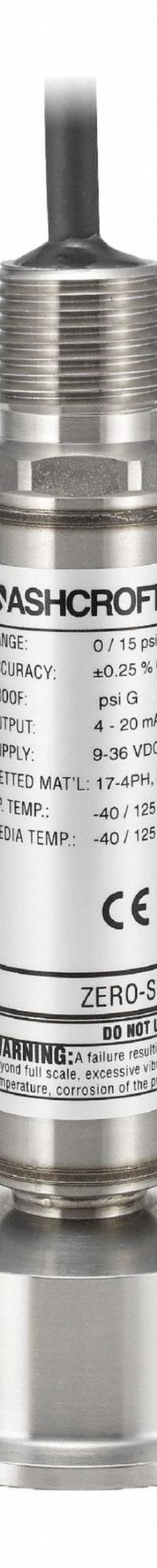 ASHCROFT Sanitary Pressure Transmitter: 1 1/2 in Triclamp, 0 to 200 psi, 4 to 20mA, 4X (MPN E2GA7NS1542CCX03F200#). Key specifications — Brand: ASHCROFT; Accuracy: ±1% of Full Scale; Fitting Material: Stainless Steel.