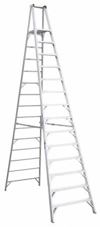 WERNER Platform Stepladder: 14 ft Ladder Size, Aluminum, 300 lb Load Capacity, 80 lb Wt (MPN P414). Key specifications — Brand: WERNER; Included Features: Guard Rail.
