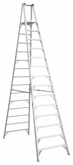 WERNER Platform Stepladder: 14 ft Ladder Size, Aluminum, 300 lb Load Capacity, 80 lb Wt (MPN P414). Key specifications — Brand: WERNER; Included Features: Guard Rail.