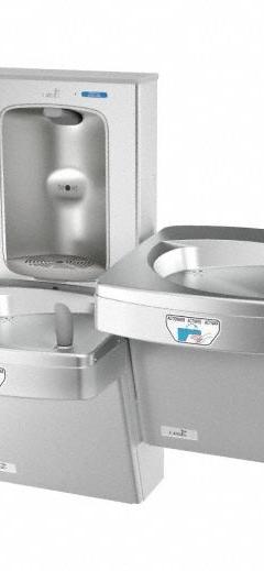 OASIS Bi-Level Drinking Fountain with Bottle Filler: On-Wall, 8 gph @ 50°F, Touchless Sensor, Silver (MPN PG8FEBFSLTT STN). Key specifications — Brand: OASIS; Housing Material: Stainless Steel; Filter Access: Top Panel Access; Housing Finish: Stainless; Chilling Capacity: 8 gph @ 50°F; Housing Color: Silver.