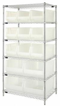 QUANTUM STORAGE SYSTEMS Bin Shelving: 36 in x 24 in x 74 in, 1 Sided, 13 Bins, Open, Clear (MPN WR6-953954CL). Key specifications — Includes Bins: Yes; Bin Material: Polypropylene; Frame Color: Silver; Bin HxWxD: (9) 10 in x 11 in x 23-7/8 in; Frame Material: Steel; Bin Color: Clear; Bin Style: Hang and Stack; Brand: QUANTUM STORAGE SYSTEMS.