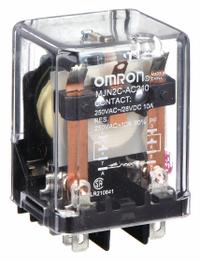 OMRON General Purpose Relay: Socket Mounted, 10 A Current Rating, 240V AC, DPDT, 8 Pins/Terminals (MPN MJN2C-AC240). Key specifications — Brand: OMRON; Base Type: Square; Mounting Style: Plug-In; Pin Shape: Round; Electrical Connection: Plug-In; Manufacturer Part Number: MJN2C-AC240; Series: MJN Series.