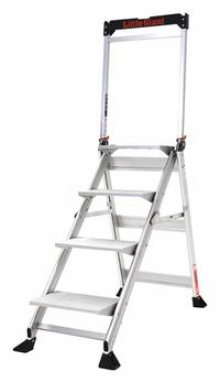 LITTLE GIANT Step Stool: 4 Steps, 4 ft Overall Ht, 375 lb Load Cap, Aluminum, 2.9 ft Standing Ht (MPN 11904). Key specifications — Brand: LITTLE GIANT; Color: Silver; Includes: Foldable Handrails.