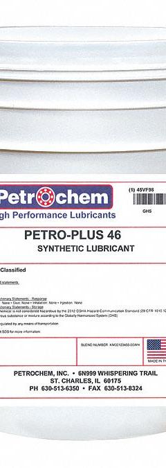 PETROCHEM Compressor Oil: 5 gal, Pail, 15 SAE Grade, 46 ISO Viscosity Grade, 126 Viscosity Index (MPN PETRO-PLUS 46-005). Key specifications — attr59744: 126; attr59746: 46; attr59736: No; attr59735: Pail; attr59738: Petro-Plus 46; attr59749: 15.