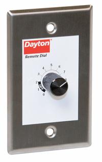 Speed Control: Dial, 1 Switches or Dials, 115/230V AC, Stainless Steel Plate, Silver Plate, 0.5 A (MPN 43Y140). Key specifications — Brand: DAYTON; Reversible: Not Reversible; Input Voltage: 115/230V AC; Compatible with Series: Dayton Fans with EC Motors; Plate Material: Stainless Steel.