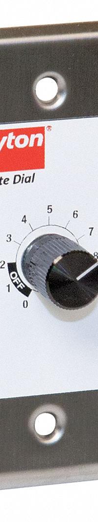Speed Control: Dial, 1 Switches or Dials, 115/230V AC, Stainless Steel Plate, Silver Plate, 0.5 A (MPN 43Y140). Key specifications — Brand: DAYTON; Reversible: Not Reversible; Input Voltage: 115/230V AC; Compatible with Series: Dayton Fans with EC Motors; Plate Material: Stainless Steel.
