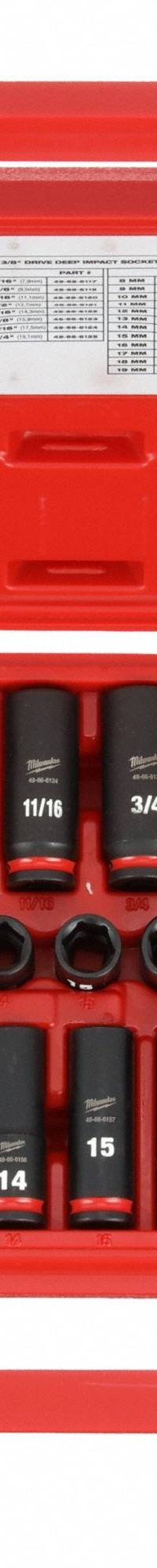 MILWAUKEE Impact Socket Set: 3/8 in Drive Size, Small Set (0-50 pieces) Set Size, 43 Pieces (MPN 49-66-7009). Key specifications — attr1204251: MILWAUKEE; attr1215453: 3/8 in; attr1215454: 8 mm to 19 mm; attr1224229: Friction.