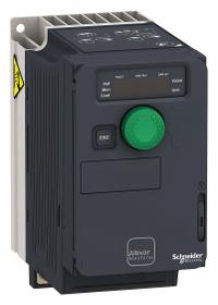 SCHNEIDER Variable Frequency Drive: In Phase Three, Out Phase Three, 1/4 hp, IP21, No Bypass, Black (MPN ATV320U02M3C). Key specifications — Style: Compact; Color: Black/Blue/Gray; Output Phase: Three.