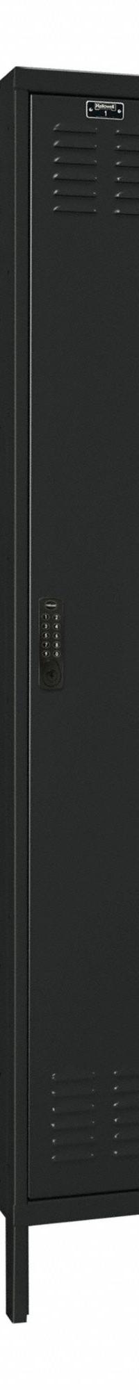 HALLOWELL Locker: 12 in x 12 in x 78 in, Louvered, 1 Tiers, 1 Units Wide, 8-Digit Code/Key, Black (MPN UEL1228-1A-ME). Key specifications — Brand: HALLOWELL; Locker Color: Black; Lock Type: 8-Digit Code/Key; Door Type: Louvered; Locker Material: Steel; Assembled: Unassembled; Number Plate Included: Yes.