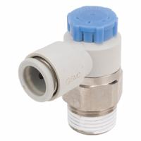 SMC Speed Control Valve: Elbow Fitting, Screw, 3/8 in Valve Body Size, 8 mm Tube, Meter In (MPN AS3211F-02-08S). Key specifications — attr947203: Brass/PBT; attr947205: SMC.