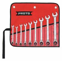 PROTO Combination Wrench Set: Alloy Steel, Chrome, 9 Tools, 9/32 in to 3/4 in Range of Head Sizes (MPN JSCVT-9S). Key specifications — attr309581: Chrome; attr309580: Alloy Steel; attr309571: Yes; attr309583: No; attr309587: Yes; attr324931: PROTO; attr309569: 9/32 in to 3/4 in; attr309572: Tool Roll.