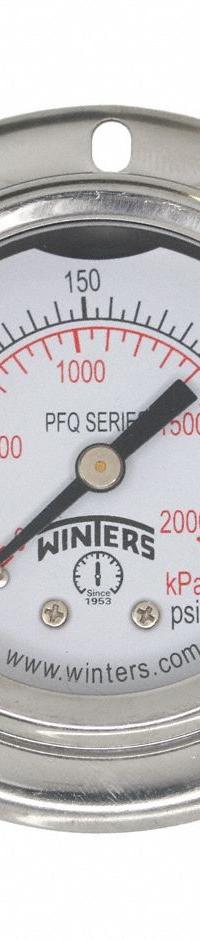 WINTERS Panel-Mount Pressure Gauge: Front Flange, 0 psi to 300 psi, 2 in Dial, 1/8 in NPT Male, PFQ (MPN PFQ2440-DRY-2FF). Key specifications — Accuracy: ±2.5%; Brand: WINTERS; Vibration Resistance Properties: Field-Fillable; Gauge Wetted Parts: Brass / Bronze.