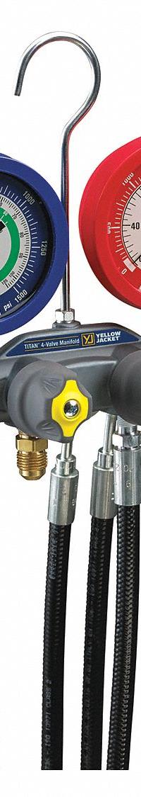 YELLOW JACKET Manifold Gauge: 4 Valves, 4 Hoses, Series Titan, 3 1/8 in Gauge, For R-744 (MPN 45925). Key specifications — Product Type: Manifold Gauge Set; For Refrigerant Type: R-744; Brand: YELLOW JACKET; Gauge Boots: No; Sight Glass: No.