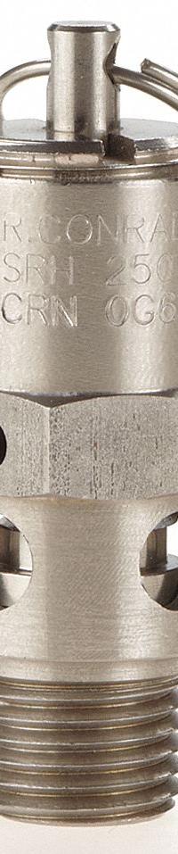 CONRADER Safety Valve: Hard Seat, 1/4 in (M)NPT Inlet (In.), 125 psi Preset Setting (PSI) (MPN SRH250-SS-125). Key specifications — attr291993: Hard Seat; attr291998: Stainless Steel; attr292007: Stainless Steel; attr292009: Stainless Steel; attr294753: CONRADER.