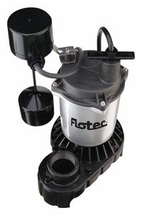 FLOTEC Submersible Sump Pump: 1/3 hp, 115V AC, 50 gpm Flow Rate @ 10' of Head, 1 1/2 in FNPT, 4.1 A (MPN FPCI3350). Key specifications — Rated Voltage: 115V AC; Brand: FLOTEC; Switch: Piggyback Vertical Float.