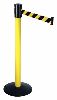 RETRACTA-BELT Barrier Post with Belt: Black/Yellow, Diagonal Stripe, No Legend, 15 ft Belt Lg (MPN 321YA-BYD). Key specifications — Base Material: Cast Iron; Belt Color: Black/Yellow; Brand: RETRACTA-BELT; Post Material: Aluminum; Post Color: Yellow; Message: No Legend.