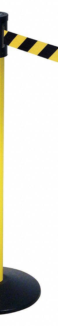 RETRACTA-BELT Barrier Post with Belt: Black/Yellow, Diagonal Stripe, No Legend, 15 ft Belt Lg (MPN 321YA-BYD). Key specifications — Base Material: Cast Iron; Belt Color: Black/Yellow; Brand: RETRACTA-BELT; Post Material: Aluminum; Post Color: Yellow; Message: No Legend.