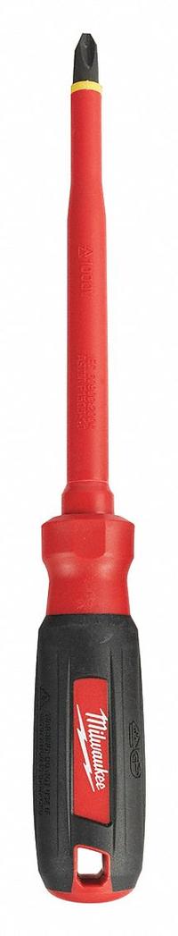 MILWAUKEE Insulated Phillips Screwdriver: Long Lg, Friction, Not ESD Safe, Tether Ready, Insulated (MPN 48-22-2213). Key specifications — attr1205203: #3; attr1205229: MILWAUKEE; attr1205206: Cushion.