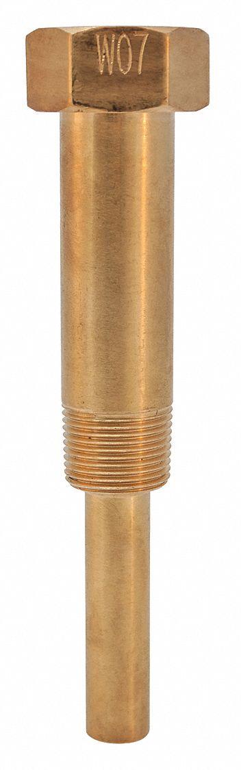 WINTERS Threaded Thermowell: Brass, For 6 in Stem Lg, 2 1/2 in Insertion Lg - Stepped-Shank Threaded Thermowells