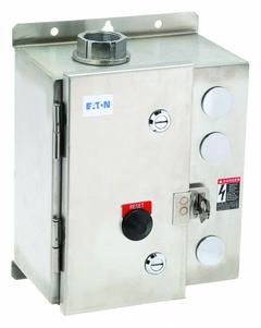 EATON NEMA Magnetic Motor Starter: Non-Reversing, 3 Poles, NEMA Size 00, 9 A, 480V AC Coil (MPN ECN05A4CAA-R63/CL30). Key specifications — attr211388: EATON; attr951451: 1NO/1NC; attr951453: 480V AC; attr951489: Three; attr984425: 1NO/1NC; attr984429: Pilot Light; attr997361: None (Not Applicable to Electronic Overloads).