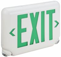 Exit Sign with Emergency Lights: White, 2 Faces, Green, LED, Ceiling/Wall, Lithium Iron Phosphate (MPN EVCUGW). Key specifications — Voltage: 120/277V AC; Self Diagnostics: No; Housing Color: White; Brand: DUAL-LITE; Directional Indicators: Universal Field Selectable Chevrons; Lighting Technology: LED; Remote Capable: No; Text Color: Green.