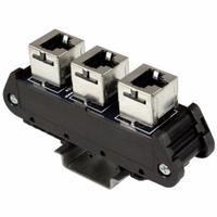 Din Rail Mounted Patch Panel: 3 Ports, Bare Modules, PCB-Mounted, Not Numbered, Equipped (MPN 16013). Key specifications — Brand: AUTOMATION SYSTEMS INTERCONNECT; Compatible Cable Performance Category: Cat5e RJ45 Ethernet; Compatible Adapter Type: RJ45; Material: Plastic; _Port Labeling: Not Numbered; _Rear Termination: PCB-Mounted.