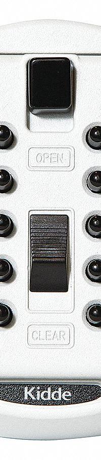 KIDDE Lock Box: Mechanical Combo Lock, 2 Key Capacity, 3 7/8 in Outside Ht, 2 3/8 in Outside Wd (MPN 1413). Key specifications — Finish: Powder Coated; Brand: KIDDE; Color: White; Material: Metal; Lock Style: Mechanical Combination.