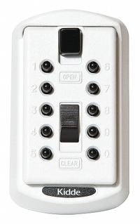 KIDDE Lock Box: Mechanical Combo Lock, 2 Key Capacity, 3 7/8 in Outside Ht, 2 3/8 in Outside Wd (MPN 1413). Key specifications — Finish: Powder Coated; Brand: KIDDE; Color: White; Material: Metal; Lock Style: Mechanical Combination.