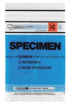 Specimen Transfer Bag: LDPE, Biohazard, 1.75 mil Thick, Blue, 9 in Overall Ht, Non-Sterile, 1,000 PK (MPN 4811B). Key specifications — Brand: MEDEGEN MEDICAL PRODUCTS; Closure Type: Zipper; Product Type: Dual Pouch Specimen Bag; Manufacturer Part Number: 4811B; Color: Blue; Display Sell UOM: PK; Legend: Biohazard.