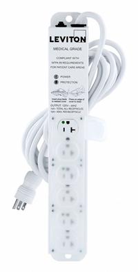 LEVITON Outlet Strip: 6 Outlets, 15 ft Cord Lg, 644 J Rated Energy, 20 A Current, White, 5-15P (MPN 5306M-2S5). Key specifications — Brand: LEVITON; Mounting Style: Screw.