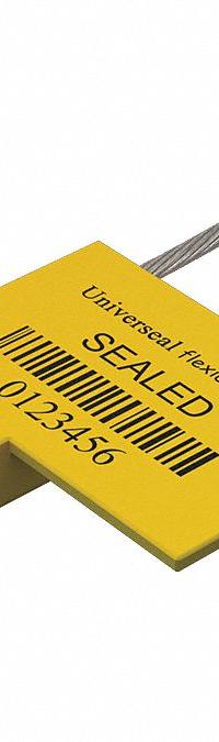 UNIVERSEAL Cable Seals: Yellow, Steel, 12 in Cable Lg, 1/16 in Cable Dia, Sequential, 50 PK (MPN F150ZP YELLOW50). Key specifications — Brand: UNIVERSEAL; Marking Color: Black; Marking Included: Numbers and Barcode; Marking Message: Sealed; Marking Numbering: Sequential.
