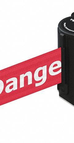 TENSABARRIER Retractable Belt Barrier: Fixed Mounting Plate, 7 1/2 ft Belt Lg, Danger Messaging, Red (MPN 891-33-STD-RI-C). Key specifications — Message Color: White; Frame Color: Black; Brand: TENSABARRIER; Belt Color: Red.
