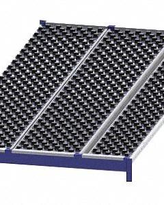 UNEX ROLLER RACK Gravity Flow Shelf: Tilt, 48 in x 96 in x 2 5/8 in, 3,000 lb Shelf Capacity, Steel (MPN RR99S2W4X8-L). Key specifications — Shelf Angle: Tilt; Finish: Powder Coated; Material: Steel; Brand: UNEX ROLLER RACK.