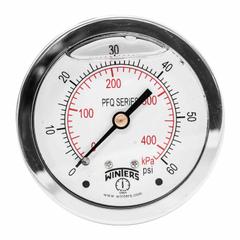 WINTERS Panel-Mount Pressure Gauge: Front Flange, 0 psi to 60 psi, 2 1/2 in Dial, 1/4 in NPT Male, 4 (MPN PFQ903-DRY-25FF). Key specifications — Accuracy: ±1.5%; Brand: WINTERS; Vibration Resistance Properties: Field-Fillable; Gauge Wetted Parts: Brass / Bronze.
